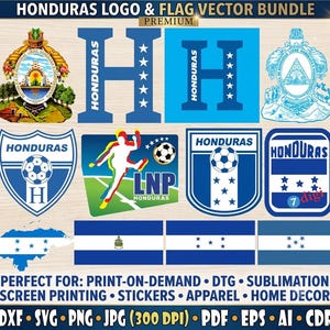 Könnte beinhalten: Ein digitales Vektorpaket mit dem honduranischen Staatswappen, verschiedenen blau-weißen Sportlogos mit Fußbällen, dem Schriftzug HONDURAS und der Nationalflagge in verschiedenen Stilen, einschließlich einer Landkarte und Wappen-Designs.
