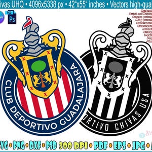 Könnte beinhalten: Zwei kreisförmige Logos des Club Deportivo Guadalajara. Eines ist farbig mit einem rot-weiß gestreiften Hintergrund, einem blauen Außenring und einem gelben Wappen. Das andere ist eine Schwarz-Weiß-Version desselben Logos.