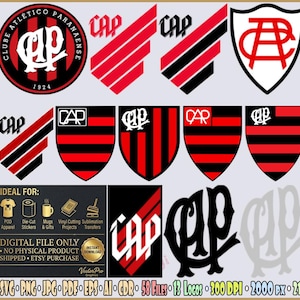 Op de afbeelding: Een verzameling digitale logo's van Clube Atlético Paranaense met het CAP-monogram, rood-zwart gestreepte schilden en diverse grafische ontwerpen. De afbeelding bevat tekst die de digitale bestandsformaten SVG, PNG, JPG, PDF, EPS, AI en CDR aangeeft.