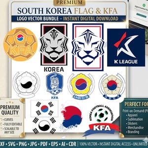 以下が含まれることがあります： 韓国の国旗とKFAのロゴを特徴とするデジタルベクターバンドル。虎の頭、Kリーグのロゴ、韓国の国旗など、さまざまなデザインが含まれています。プリントオンデマンド、アパレル、ブランディングに適しています。