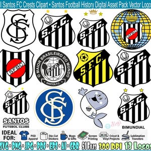 Könnte beinhalten: Ein digitales Asset-Paket mit verschiedenen Santos FC-Wappen, Logos und einem Cartoon-Wal-Maskottchen. Die Sammlung enthält schwarz-weiß gestreifte Schilde, kreisförmige Embleme mit Text und blaue kreisförmige Logos, alle beschriftet als All Santos FC Crests Clipart.