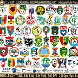 Könnte beinhalten: Eine Sammlung von 53 farbenfrohen Logos afrikanischer Fußballverbände mit verschiedenen Formen, Symbolen und Fußbällen. Der Text oben lautet 53 AFRICAN FOOTBALL FEDERATIONS LOGOS, und unten sind BUNDLE CONTAINS und die Dateiformate aufgeführt.