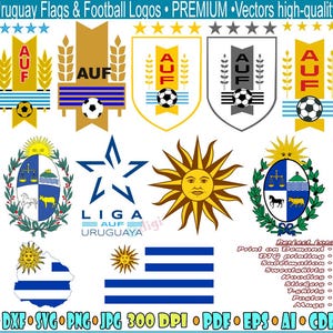 Könnte beinhalten: Eine Sammlung von Vektorgrafiken zum Thema Uruguay, darunter AUF-Fußballlogos, das nationale Wappen, die Maisonne und die uruguayische Flagge. Der Text umfasst Uruguay Flags & Football Logos, LIGA AUF URUGUAYA und Dateiformate.