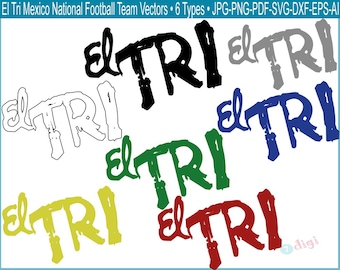 May include: A collection of "El Tri" Mexico National Football Team vector graphics in various colors, including black, white, gray, blue, green, yellow, and red. The text "El Tri" is displayed in a stylized font.