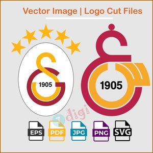 Könnte beinhalten: Vektorbild eines Logos mit einem weißen Oval, den Buchstaben "S" und "G" in Gelb und Burgunderrot sowie der Zahl "1905". Über dem Oval befinden sich fünf goldene Sterne. Dateityp-Symbole für EPS, PDF, JPG, PNG und SVG.