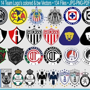 Könnte beinhalten: Eine Sammlung von Logos des Liga MX-Teams in Farbe und Schwarzweiß. Die Logos haben verschiedene Formen, darunter Kreise, Schilde und Wappen. Das Bild enthält den Text "Liga MX 14 Team Logo's colored & bw Vectors • 134 Files • JPG-PNG-PDF-SVG-AI."