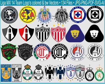Pack vectoriel des 14 clubs de football mexicains • 134 fichiers couleur et noir et blanc • pdf-png-jpg-ai-svg • Pack de fichiers graphiques et de découpe pour le football