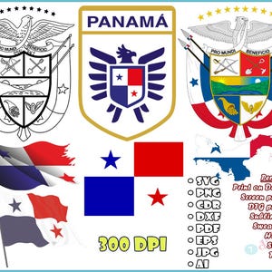 Op de afbeelding: Een verzameling Panama-thema-afbeeldingen, waaronder vlaggen, wapenschilden en een kaartomtrek. De ontwerpen bevatten de kleuren rood, wit en blauw, met sterren en adelaars. De afbeelding bevat ook verschillende bestandsformaten en print-on-demand-opties.