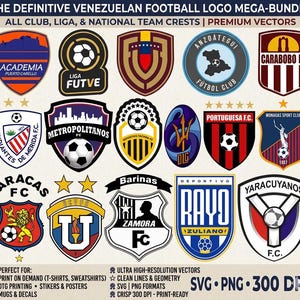 Könnte beinhalten: Eine Sammlung von Logos venezolanischer Fußballmannschaften, darunter Vereins-, Liga- und Nationalmannschaftswappen. Die Logos weisen verschiedene Farben und Designs auf, mit Text wie "Academia Puerto Cabello" und "Liga Futve". Der Text "SVG • PNG • 300 DPI" ist enthalten.