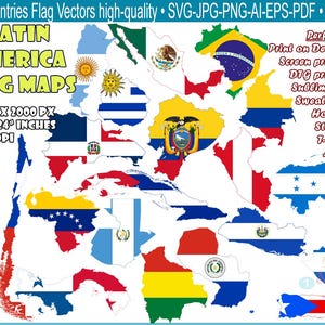 Latin America Flag Maps 19 Countries SVG-Png-Jpg-Ai-Pdf-Eps • Vector Border Boundary Outline Shape Land Atlas • Clipart Cricut Cut File •