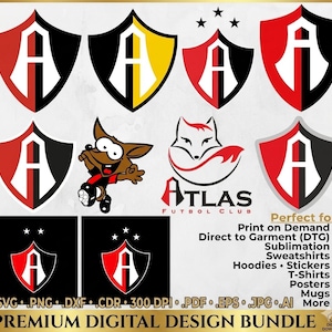 Könnte beinhalten: Ein digitales Design-Bundle mit Logos und Illustrationen. Die Designs umfassen schildförmige Logos mit dem Buchstaben "A" in Rot, Schwarz und Gelb, einen Cartoon-Fuchs und eine Cartoon-Figur. Der Text "ATLAS FUTBOL CLUB" ist ebenfalls vorhanden.