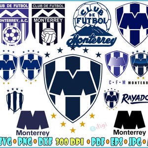 May include: A collection of navy blue and white soccer team logos and emblems, including shields, soccer balls, and the word "Monterrey." The image also includes the text "Club de Futbol" and "Rayados."
