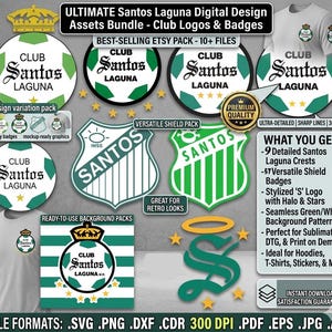 May include: A digital design assets bundle featuring Club Santos Laguna logos and badges. The image showcases various designs, including crests, logos, and ready-to-use background packs. The text includes "ULTIMATE Santos Laguna Digital Design Assets Bundle - Club Logos & Badges".
