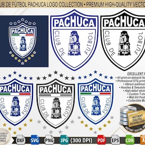 Puede incluir: Una colección de logotipos vectoriales para el Club de Fútbol Pachuca, con diseños de escudo con el nombre del equipo y un edificio estilizado. Los logotipos están en varios esquemas de color, incluyendo azul, negro y blanco, con acentos de estrellas. La imagen también incluye texto sobre artículos de impresión bajo demanda.