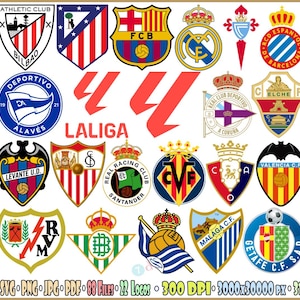 Puede incluir: Una colección de veintidós logotipos de clubes de fútbol de LaLiga dispuestos en una cuadrícula, con varios diseños de escudos y circulares con emblemas de equipos, texto y el logotipo rojo de LaLiga. El texto inferior dice SVG PNG JPG PDF 88 Files 22 Logos 300 DPI 3000x30000 px 31.