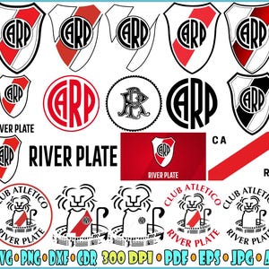 May include: A selection of River Plate logos and emblems in diverse designs. Includes shield shapes, circular logos, and text that reads "RIVER PLATE" and "CLUB ATLETICO RIVER PLATE". The logos feature red, white, and black colours.