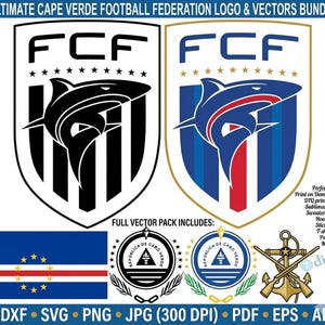 Peut inclure: Un ensemble de logos et de vecteurs de la Fédération de football du Cap-Vert. L'image présente deux logos en forme de bouclier avec les lettres "FCF" et un motif de requin. D'autres éléments incluent un drapeau, des emblèmes circulaires et des graphiques nautiques. Le texte "ULTIMATE CAPE VERDE FOOTBALL FEDERATION LOGO & VECTORS BUNDLE" est en haut.