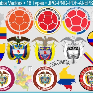 Peut inclure: Ensemble de graphiques vectoriels sur le thème de la Colombie. Comprend le drapeau colombien, des emblèmes de football, les armoiries nationales et des contours de cartes. Le texte "Colombia Vectors" et "18 Types" est visible.