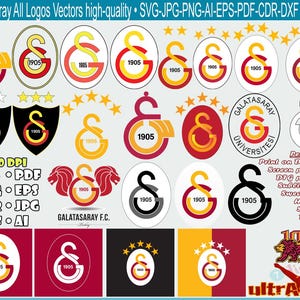 Könnte beinhalten: Eine Sammlung von Galatasaray-Fußballclub-Logos in verschiedenen Designs. Die Logos zeigen die Farben des Teams, Rot und Gelb, mit dem Jahr 1905. Das Bild enthält Vektorgrafiken in den Formaten SVG, JPG, PNG, AI, EPS, PDF, CDR und DXF.