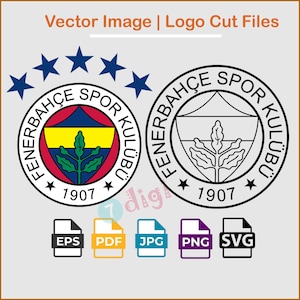Könnte beinhalten: Vektorbild mit zwei Fenerbahçe Spor Kulübü Logos, eines in Farbe und eines in Schwarzweiß, mit dem Jahr 1907. Enthält Dateityp-Symbole für EPS-, PDF-, JPG-, PNG- und SVG-Formate. Die Logos sind kreisförmig mit Sternen.