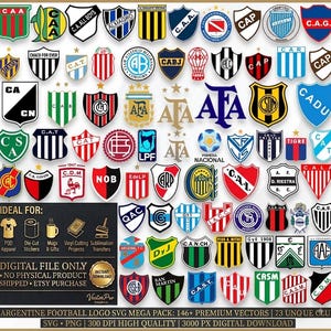 Puede incluir: Una colección de varios logotipos y escudos de clubes de fútbol argentinos en forma de escudo, con diversos esquemas de color, rayas y texto. Un panel rectangular negro incluye iconos para ropa, pegatinas, tazas y proyectos de corte de vinilo.