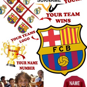 Peut inclure: Un design personnalis&eacute; sur le th&egrave;me du football avec le texte "Nom, Pr&eacute;nom, V&ocirc;tre". Comprend un logo d'&eacute;quipe de football, un troph&eacute;e et un maillot rouge avec le nom et le num&eacute;ro 7. L'image pr&eacute;sente &eacute;galement un jeu de morpion avec des logos d'&eacute;quipe.