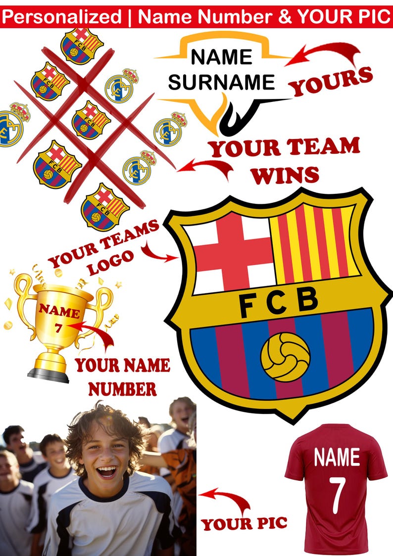 Peut inclure: Un design personnalis&eacute; sur le th&egrave;me du football avec le texte "Nom, Pr&eacute;nom, V&ocirc;tre". Comprend un logo d'&eacute;quipe de football, un troph&eacute;e et un maillot rouge avec le nom et le num&eacute;ro 7. L'image pr&eacute;sente &eacute;galement un jeu de morpion avec des logos d'&eacute;quipe.
