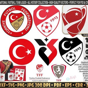 May include: A selection of Turkish national football team logos, showcasing shield designs with crescent moons, stars, and footballs. The image includes the text "TR NATIONAL FOOTBALL TEAM LOGOS" and "ALL HISTORY COLLECTION".