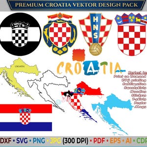 May include: A digital design pack titled PREMIUM CROATIA VEKTOR DESIGN PACK featuring various Croatian symbols, including the national flag, coat of arms, maps in yellow, blue, and outline styles, and the text CROATIA in stylized orange and blue letters.
