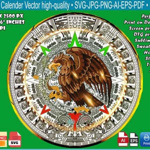 Könnte beinhalten: Vektorillustration eines Aztekenkalenders mit detailliertem Adlerdesign. Das Bild ist 66 x 66 cm groß bei 300 dpi und in den Formaten SVG, PNG, PDF, EPS, JPG und AI verfügbar. Ideal für Print-on-Demand und Sublimation.