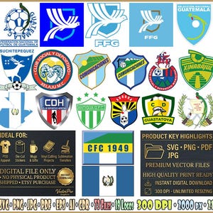 Könnte beinhalten: Eine Sammlung von neunzehn farbenfrohen Logos und Emblemen guatemaltekischer Fußballvereine in einem Raster, darunter verschiedene Schildformen, Fußbälle und Teamnamen. Das Bild enthält Textbeschriftungen für digitale Dateiformate.