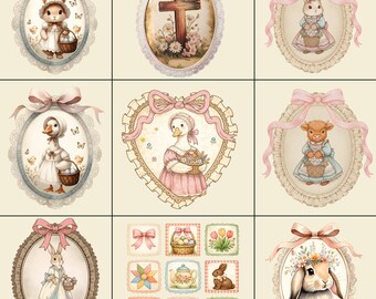 Pacote de Clipart PNG de Páscoa Vintage, Arte Infantil com Coelhinhos em Estilo Cottagecore, PNG de Páscoa Cristã em Tons Pastel, Clipart de Páscoa com Animais da Fazenda, Download Instantâneo