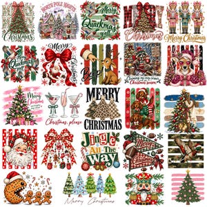 May include: A collection of twenty-five Christmas-themed digital illustrations featuring Santa Claus, nutcrackers, decorated pine trees, reindeer, ducks, dachshunds, raccoons, and festive text like Merry Christmas and Jingle All The Way.
