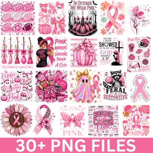 May include: A collection of digital graphic designs featuring pink breast cancer awareness themes, including ribbons, pumpkins, ghosts, sunflowers, butterflies, sports equipment, and inspirational text like In October We Wear Pink and Breast Cancer Club.