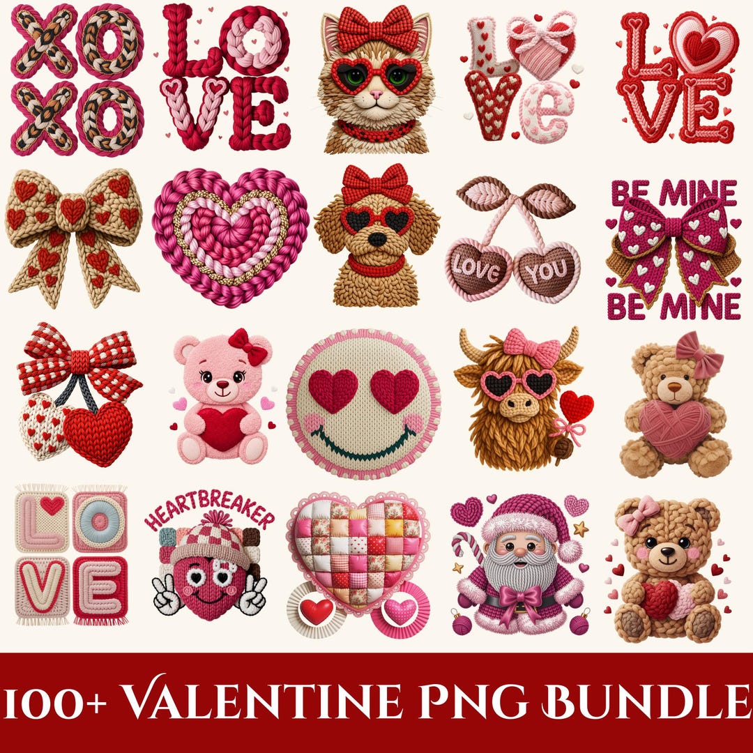 100+ Crochet Yarn Love Heart Teddy Bear Valentine PNG Bundle, Latch ...