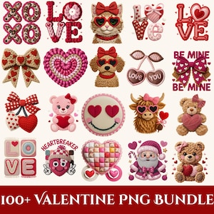 Könnte beinhalten: Eine Sammlung digitaler Bilder zum Valentinstag. Die Bilder zeigen verschiedene Herzformen, Schleifen, Teddybären und Tiere mit herzförmigen Brillen. Die Farbpalette ist hauptsächlich rot, rosa und weiß. Der Text "LOVE" und "BE MINE" ist ebenfalls vorhanden.