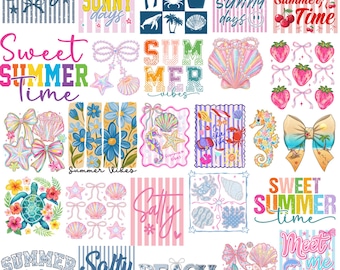 Summer PNG Bundle, Coastal Coquette Bow, Retro Beach Vibes, Preppy Summer Sublimation, Salty Beach Shirt Designs, Trendy Summer Time PNG