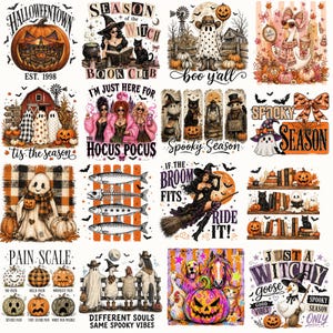 May include: A collection of sixteen Halloween-themed graphic designs featuring pumpkins, ghosts, witches, black cats, and seasonal text like Halloweentown, Hocus Pocus, and Spooky Season. The illustrations use a mix of vintage, colorful, and sketch styles.