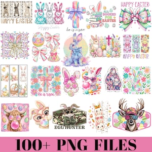 Pode incluir: Uma cole&ccedil;&atilde;o de arquivos PNG com tema de P&aacute;scoa, com coelhos, ovos, la&ccedil;os e cruzes. Os designs incluem ilustra&ccedil;&otilde;es em aquarela com cores pastel, texto como "Happy Easter" e "He is Risen", e um veado com um chap&eacute;u que diz "Egg Hunter".