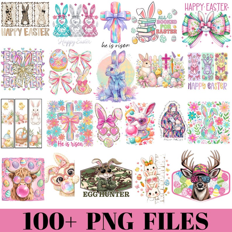 Pode incluir: Uma cole&ccedil;&atilde;o de arquivos PNG com tema de P&aacute;scoa, com coelhos, ovos, la&ccedil;os e cruzes. Os designs incluem ilustra&ccedil;&otilde;es em aquarela com cores pastel, texto como "Happy Easter" e "He is Risen", e um veado com um chap&eacute;u que diz "Egg Hunter".