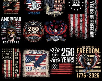 Pacote de imagens PNG para o 250º aniversário do 4 de julho, incluindo a águia patriótica e a Estátua da Liberdade, para camisetas e canecas. Celebre o 250º aniversário dos Estados Unidos!