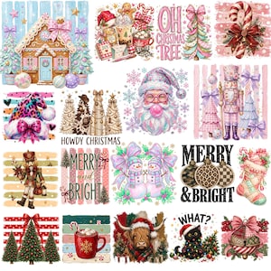 May include: A collection of Christmas-themed digital illustrations featuring a gingerbread house, Santa Claus blowing a bubble, a nutcracker, snowmen, a Highland cow, a black cat, candy canes, ornaments, and festive text like Merry and Bright.