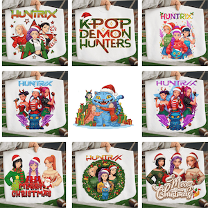 May include: White t-shirts with colorful graphic designs. The designs feature a group of anime-style characters, a blue cat, and holiday-themed text. The shirts are held up against a green and white background.