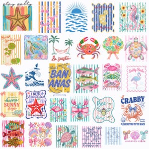 以下が含まれることがあります： カラフルなビーチをテーマにしたイラストのコレクション。ヒトデ、ビキニ、太陽、タツノオトシゴ、カクテル、カメ、カニ、魚、フラミンゴ、ロブスター、ミツバチ、貝殻などのデザイン。 「stay salty」や「Bee Kind」などのテキストが含まれています。