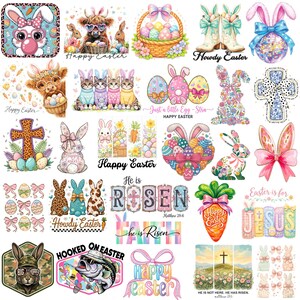 Pode incluir: Uma cole&ccedil;&atilde;o de gr&aacute;ficos com tema de P&aacute;scoa. Inclui coelhos, ovos, cruzes e texto como "Feliz P&aacute;scoa", "Ele ressuscitou" e "Hooked on Easter". Os designs apresentam cores pastel, la&ccedil;os e elementos florais.