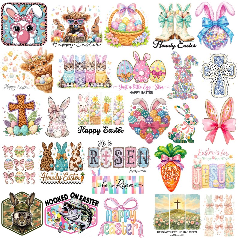 Pode incluir: Uma cole&ccedil;&atilde;o de gr&aacute;ficos com tema de P&aacute;scoa. Inclui coelhos, ovos, cruzes e texto como "Feliz P&aacute;scoa", "Ele ressuscitou" e "Hooked on Easter". Os designs apresentam cores pastel, la&ccedil;os e elementos florais.