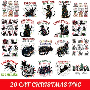 Svart katt meowy jul png-paket, god jul ljus katt clipart png-design, jag mår bra allt är bra png, digital nedladdning