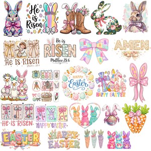 Pode incluir: Uma cole&ccedil;&atilde;o de gr&aacute;ficos coloridos com tema de P&aacute;scoa. Os designs incluem coelhos, ovos, cenouras, la&ccedil;os e texto que diz "He is Risen", "Happy Easter" e "Amen". As imagens s&atilde;o em v&aacute;rios estilos, incluindo aquarela e desenho animado.
