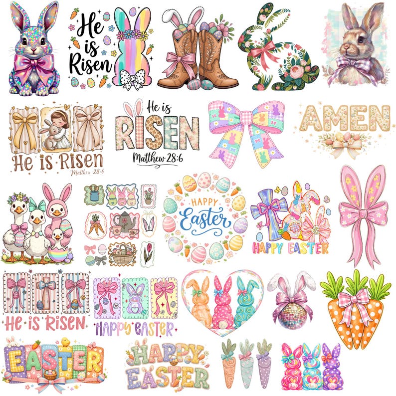 Pode incluir: Uma cole&ccedil;&atilde;o de gr&aacute;ficos coloridos com tema de P&aacute;scoa. Os designs incluem coelhos, ovos, cenouras, la&ccedil;os e texto que diz "He is Risen", "Happy Easter" e "Amen". As imagens s&atilde;o em v&aacute;rios estilos, incluindo aquarela e desenho animado.