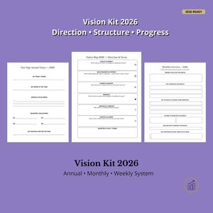 May include: A Vision Kit 2026 planner with a purple background. The kit includes annual, monthly, and weekly planning pages. The text on the planner includes "Direction, Structure, Progress" and "Vision Map 2026 - Direction & Focus."